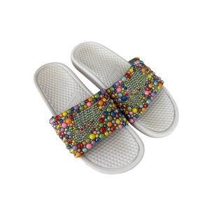 NIKE BENASSI Bling Slides Sandals 10 Custom Rainbow Rhinestones Rare! #S24-1